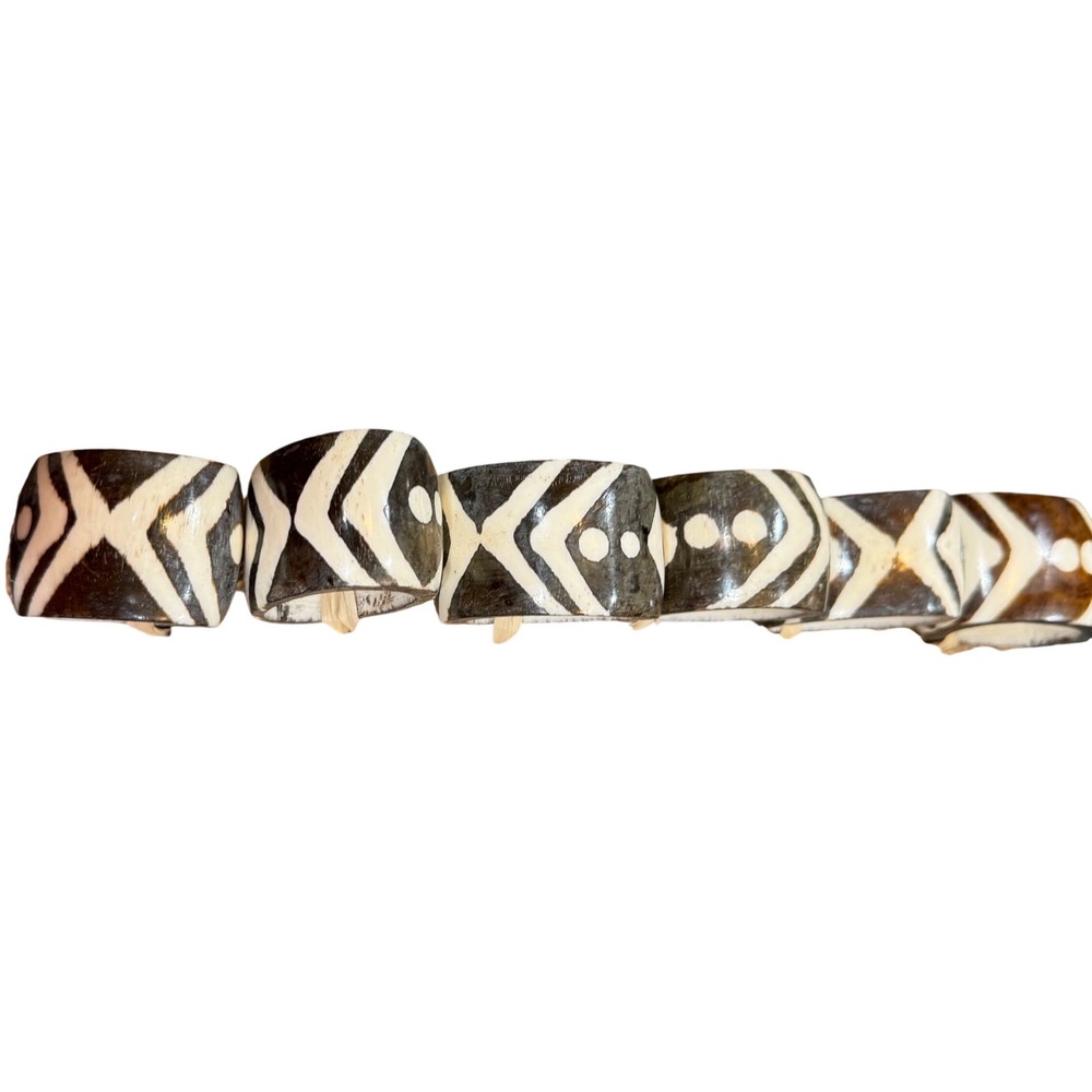 Recycle Zanzibar Hand Carved Bone Napkin Rings Set of 6 Black White Geometric